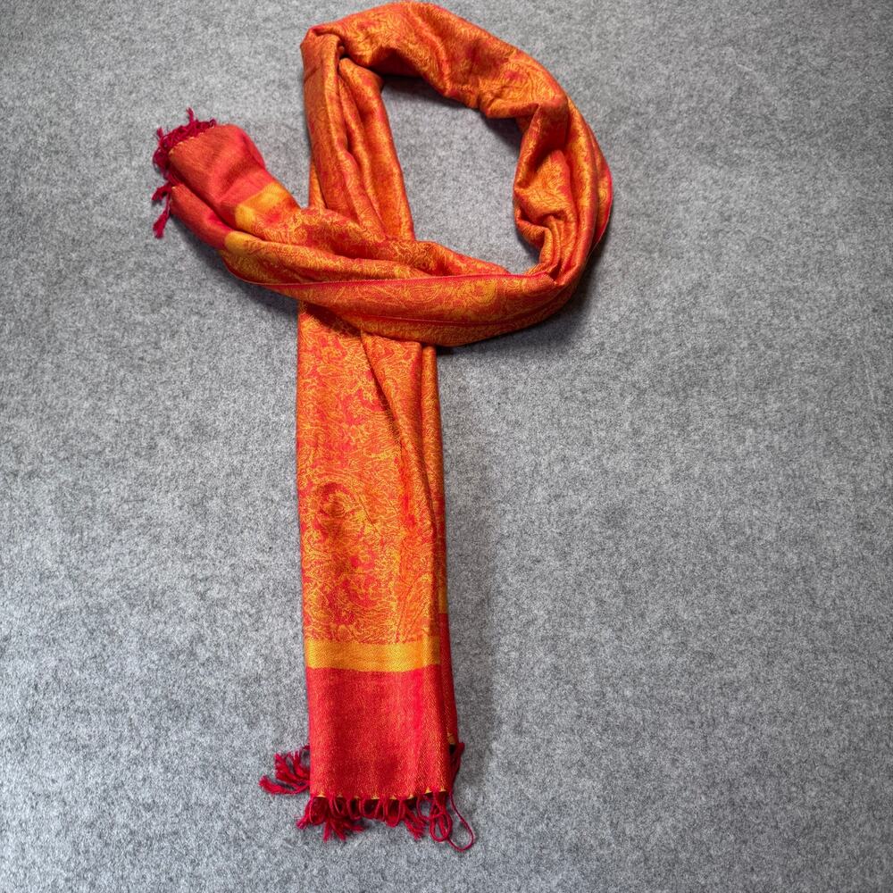 Pashmina 70% Pashmina 30% Silk Shawl Wrap Red Orange Gold Paisley Fringe
